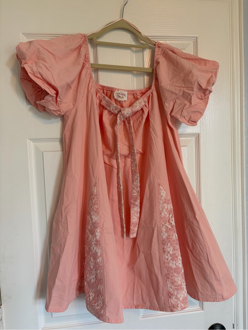 Fantastic Fawn Peasant Smock Dress with Lace Inset - Coral Pink